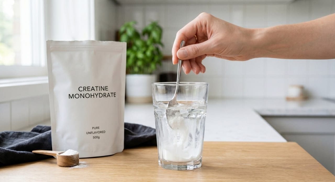 Kreatin-Monohydrat-Pulver wird in ein Glas Wasser eingerührt