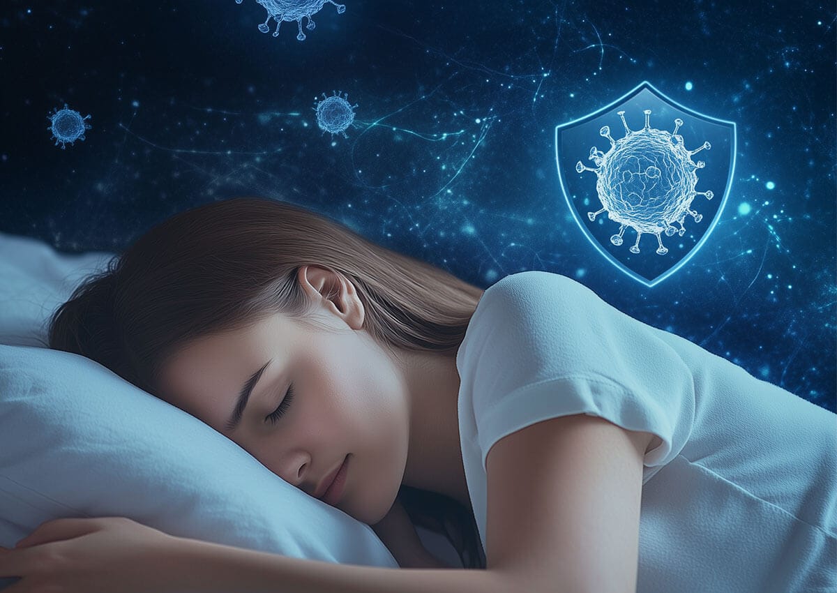 Schlafende Frau vor einem Schutzschild mit Virus als Symbol für das Immunsystem