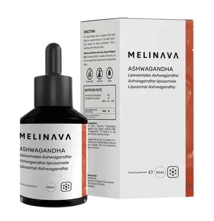 Melinava Liposomales Ashwagandha – Pipettenflasche und Verpackung