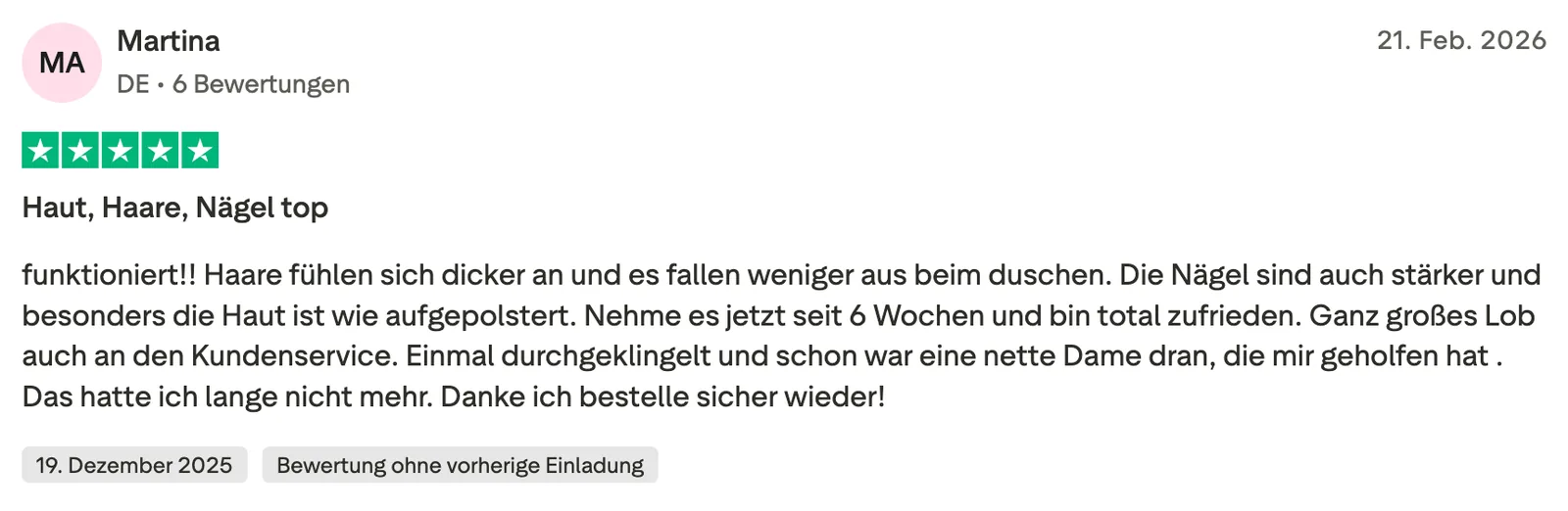 Trustpilot-Bewertung von Martina zu Melinava Marines Kollagen