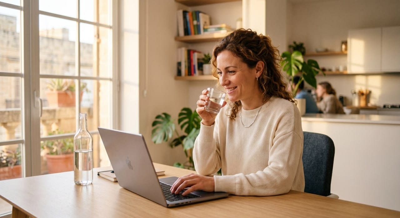 Frau trinkt ein Glas Wasser an ihrem Laptop