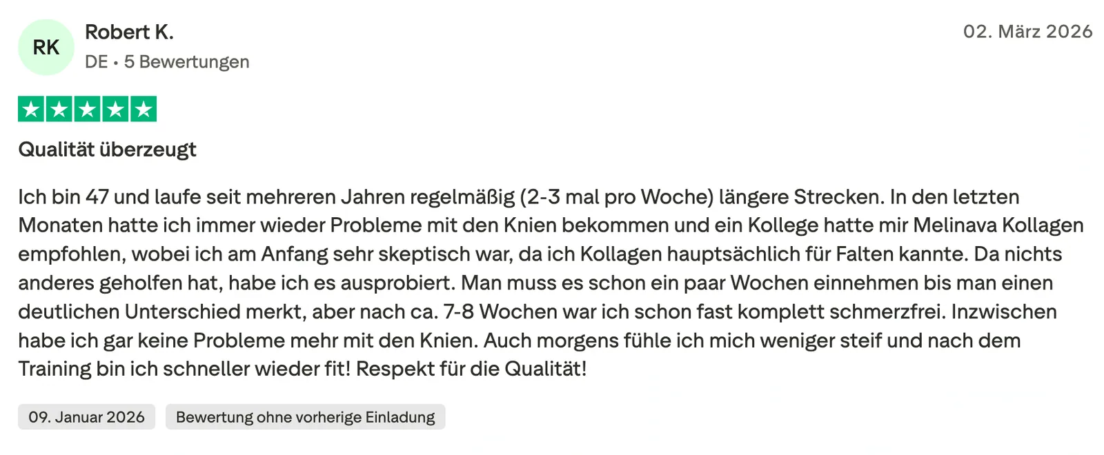 Trustpilot-Bewertung von Robert K. zu Melinava Marines Kollagen