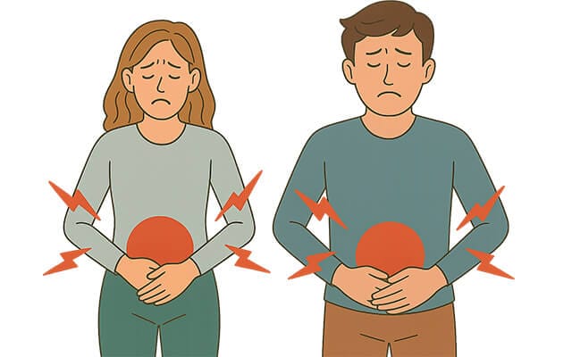 Illustration einer Frau und eines Mannes, die sich mit Bauchschmerzen den Bauch halten