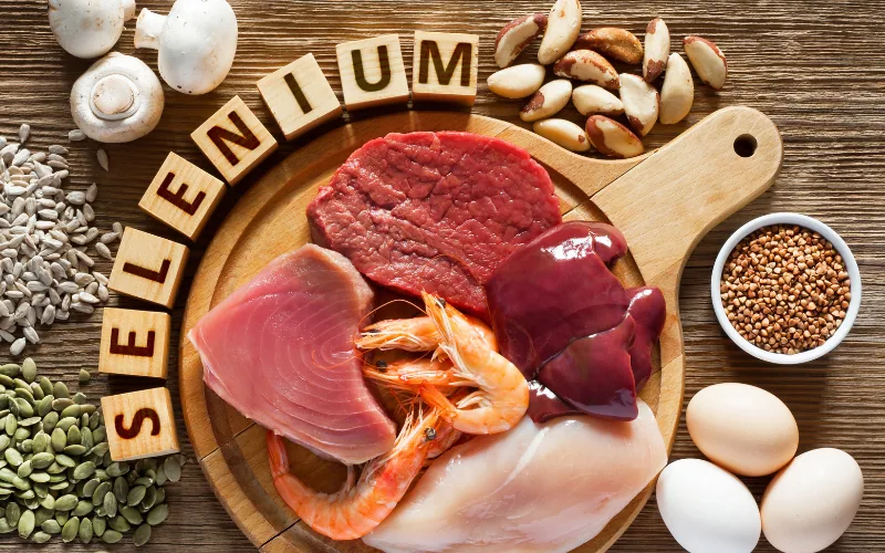 Selenreiche Lebensmittel wie Fleisch, Fisch, Garnelen, Eier, Paranüsse und Pilze um den Schriftzug Selenium