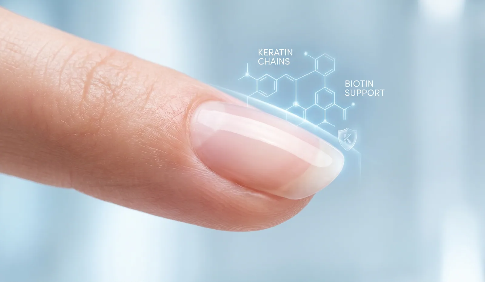 Fingerspitze mit Fingernagel und eingeblendeter Molekülgrafik zu Keratin und Biotin
