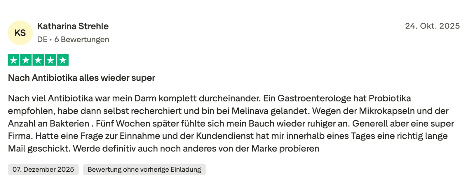 Kundenbewertung von Katharina zu Melinava Probiotika