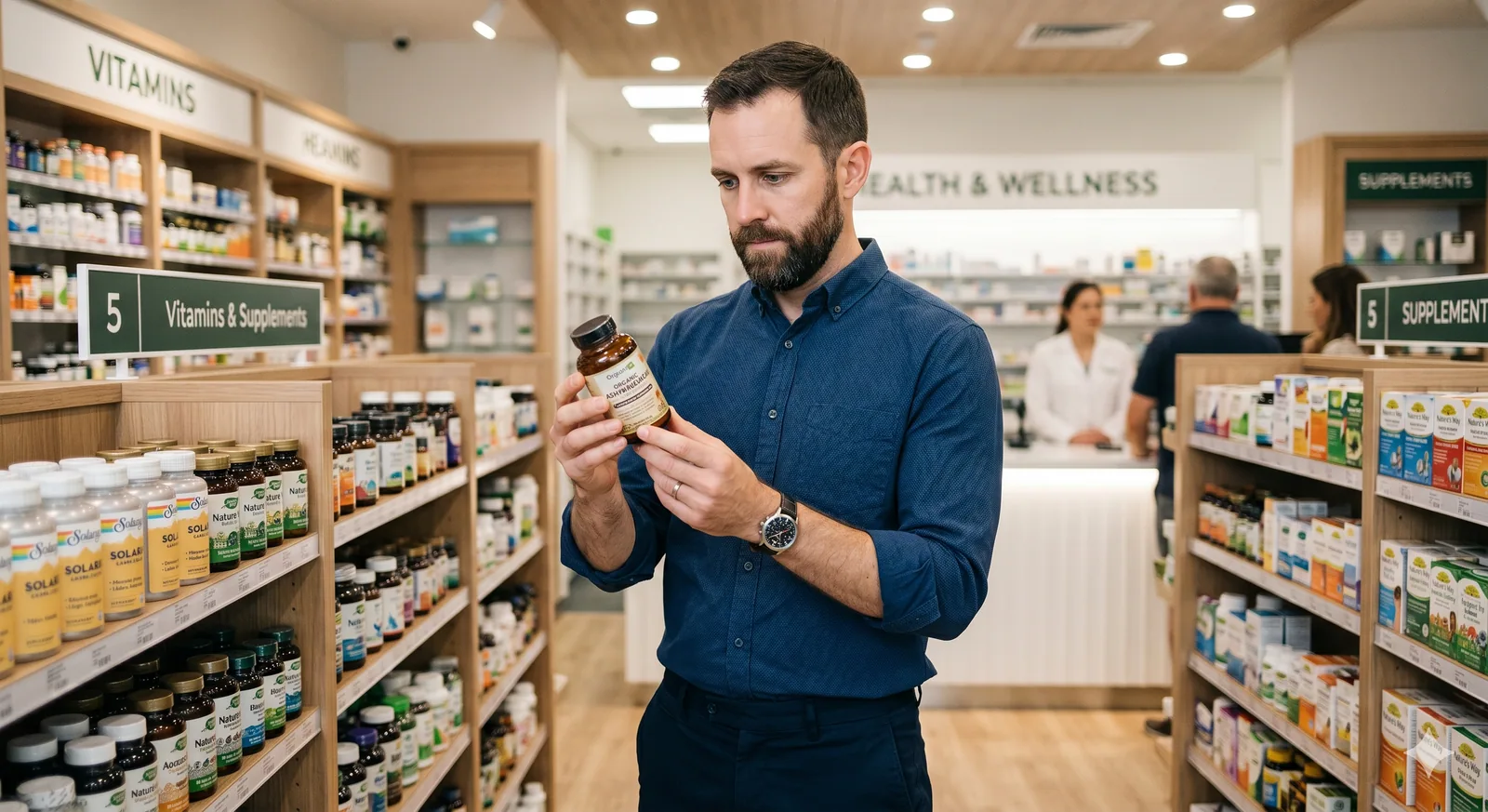 Mann liest in einer Drogerie das Etikett einer Nahrungsergänzungsmittel-Dose