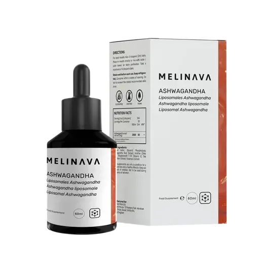 Melinava Liposomales Ashwagandha – Pipettenflasche und Verpackung