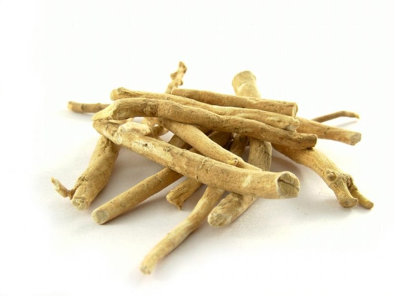 Getrocknete Ashwagandha-Wurzeln auf weißem Hintergrund