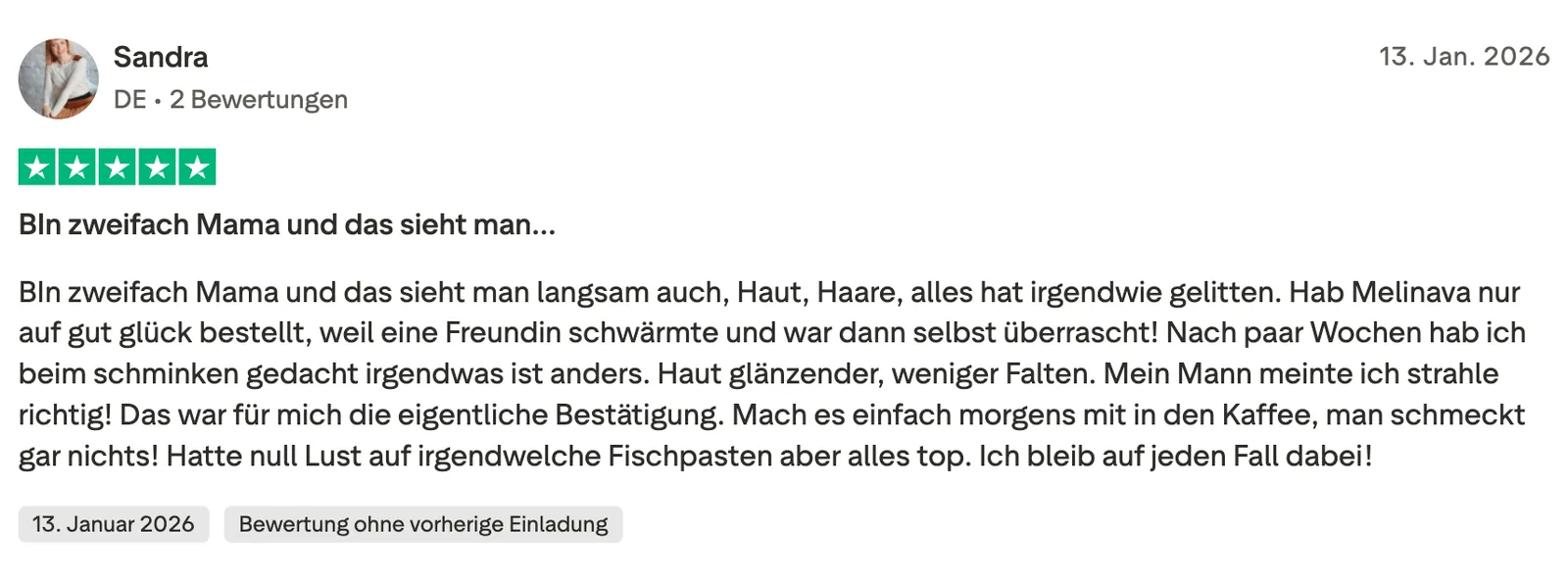 Trustpilot-Bewertung von Sandra zu Melinava Marines Kollagen