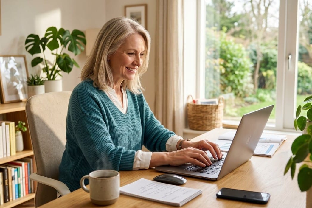 Lächelnde Frau arbeitet zu Hause am Laptop
