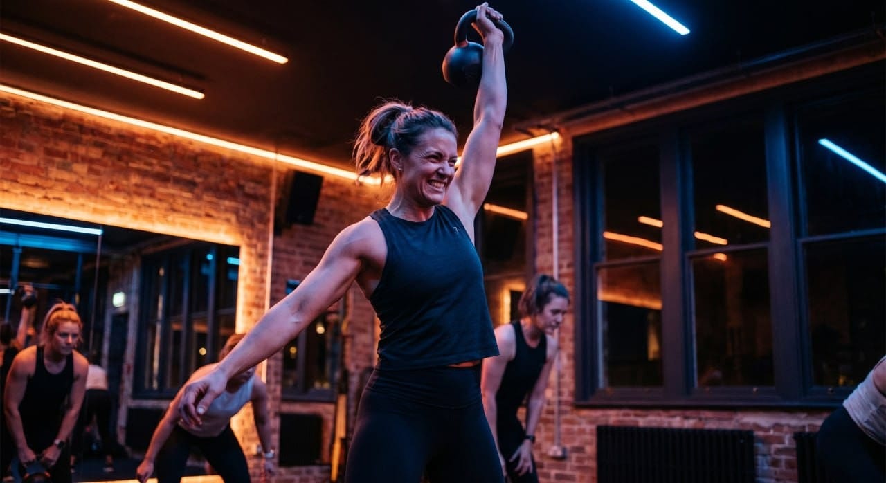Frau hebt im Fitnessstudio eine Kettlebell über den Kopf
