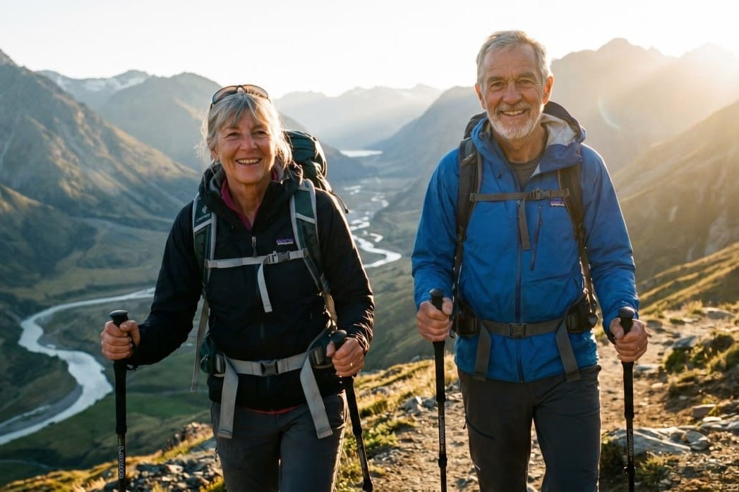 Älteres Paar beim Wandern in den Bergen mit Wanderstöcken