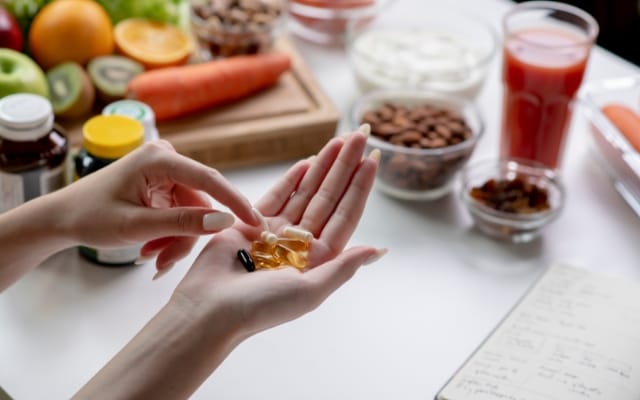 Hand mit Kapseln über einem Tisch mit Obst, Nüssen und Nahrungsergänzungsmitteln