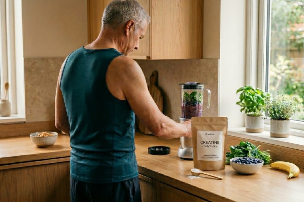 Älterer Mann bereitet in der Küche einen Smoothie zu, daneben ein Beutel Kreatin